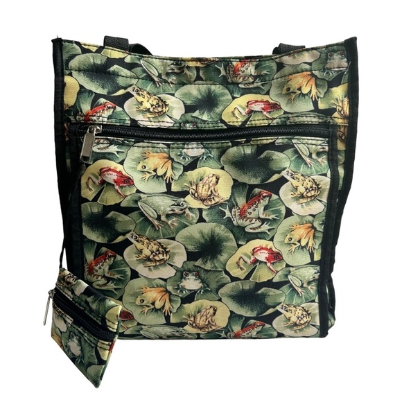 Canvas Shoulder / Tote Bag with Matching Change Purse FROGS! - Picture 4 of 16